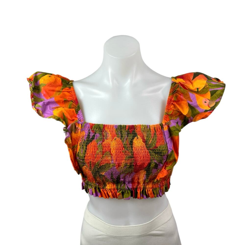 Farm Rio Coral Pears Short Ruffle Sleeve Square Neck Blouse Crop Top Size XSP